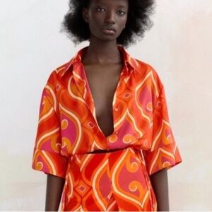 Zara Red and Orange Patterned Blouse